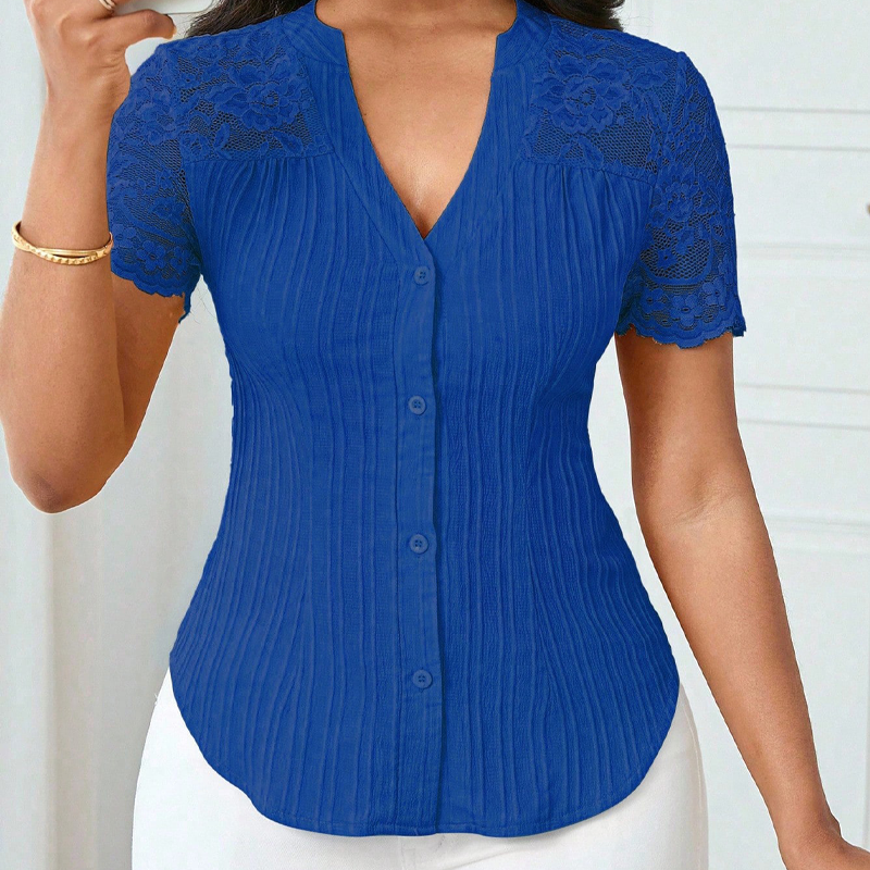🌼LAATSTE DAG AANBIEDING - 60% KORTING👚Dames blouse met V-hals, kanten mouwen en knoopsluiting