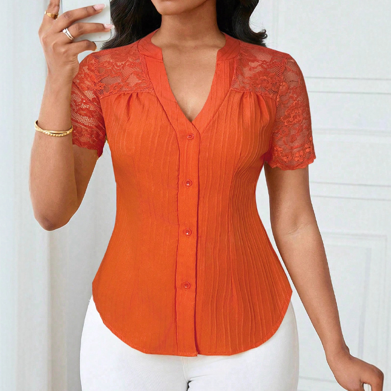 🌼LAATSTE DAG AANBIEDING - 60% KORTING👚Dames blouse met V-hals, kanten mouwen en knoopsluiting