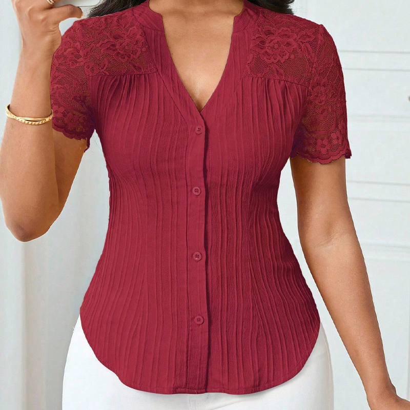 🌼LAATSTE DAG AANBIEDING - 60% KORTING👚Dames blouse met V-hals, kanten mouwen en knoopsluiting