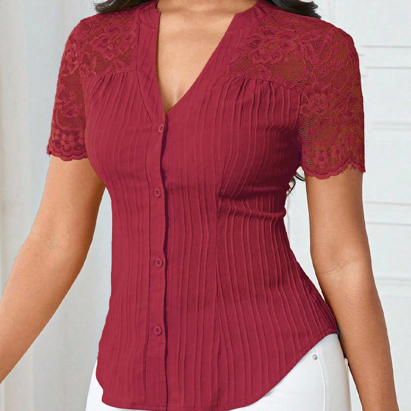 🌼LAATSTE DAG AANBIEDING - 60% KORTING👚Dames blouse met V-hals, kanten mouwen en knoopsluiting
