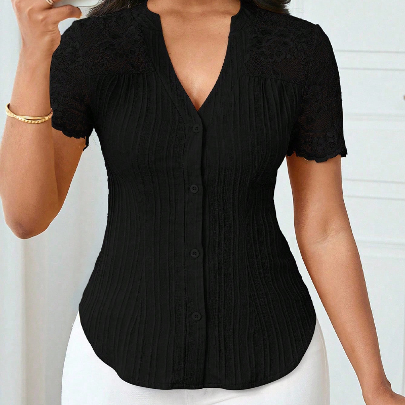 🌼LAATSTE DAG AANBIEDING - 60% KORTING👚Dames blouse met V-hals, kanten mouwen en knoopsluiting