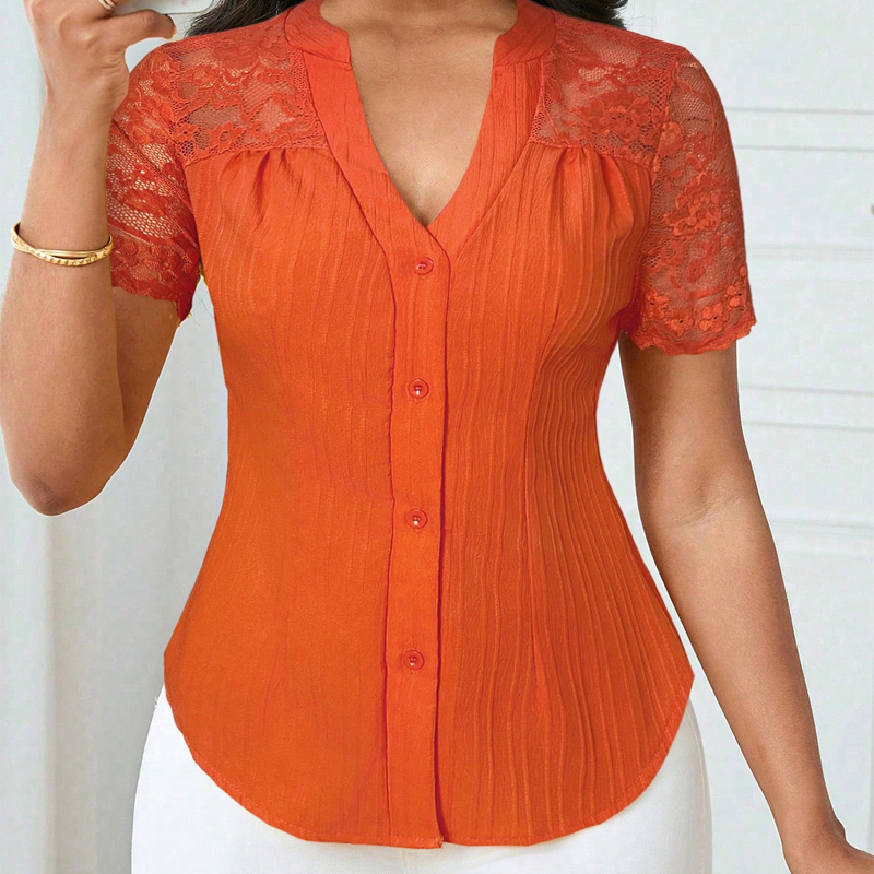 🌼LAATSTE DAG AANBIEDING - 60% KORTING👚Dames blouse met V-hals, kanten mouwen en knoopsluiting