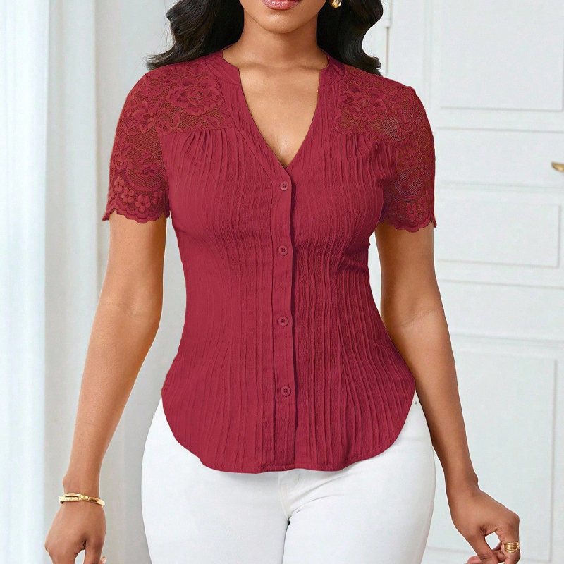🌼LAATSTE DAG AANBIEDING - 60% KORTING👚Dames blouse met V-hals, kanten mouwen en knoopsluiting