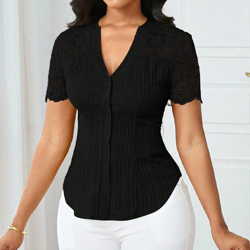 🌼LAATSTE DAG AANBIEDING - 60% KORTING👚Dames blouse met V-hals, kanten mouwen en knoopsluiting