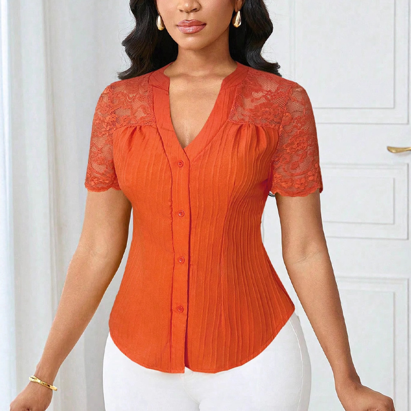 🌼LAATSTE DAG AANBIEDING - 60% KORTING👚Dames blouse met V-hals, kanten mouwen en knoopsluiting