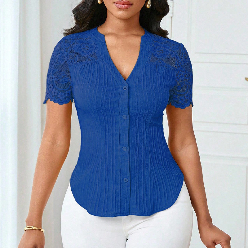 🌼LAATSTE DAG AANBIEDING - 60% KORTING👚Dames blouse met V-hals, kanten mouwen en knoopsluiting
